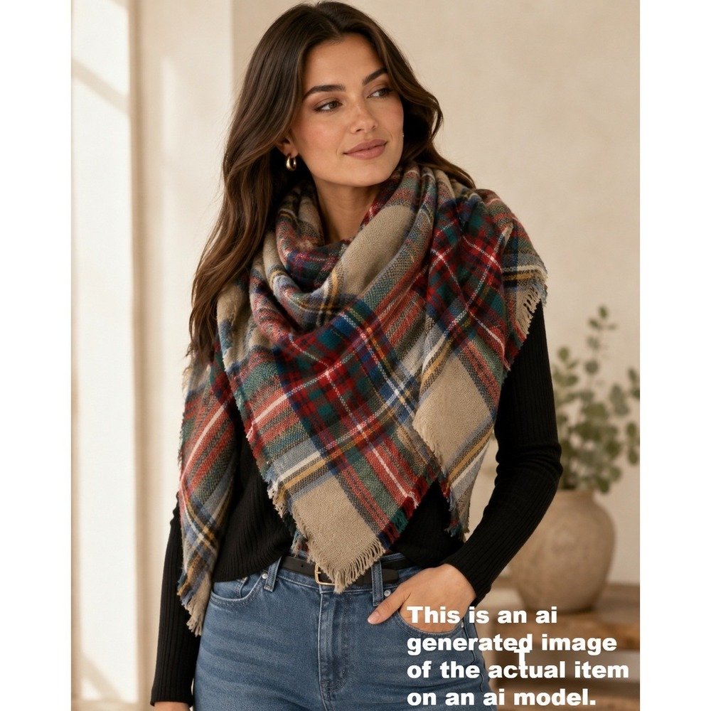 ModCloth Tan Red Green Plaid Blanket Scarf Fringed Square Oversized Cozy Wrap